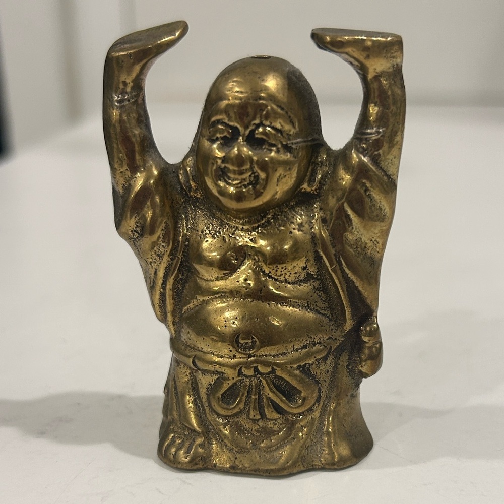 Laughing Buddha brass statue with raised hands for luck and prosperity Feng Shui
